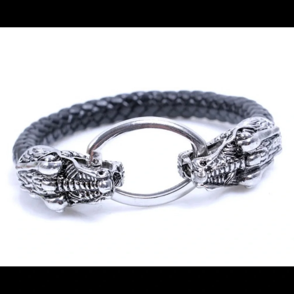 Double Python Silver Ring In Mouth Steel Black Braided Bracelet!